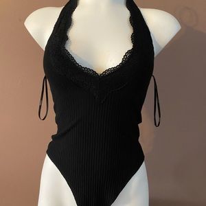 Black Bodysuit with Lace V Neck